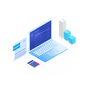 Very small illustration of laptop on Bridgement website with paper invoice and graph next to it