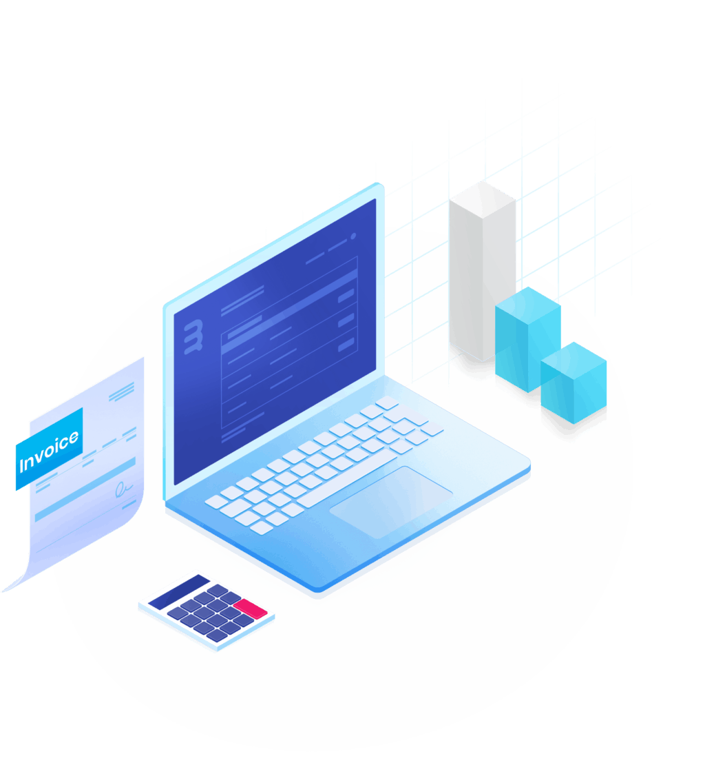 Illustration of laptop on Bridgement website with paper invoice next to it