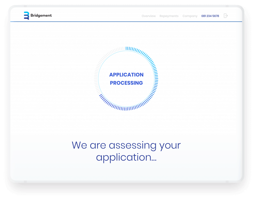 Image of a business loan application being processed on Bridgement website