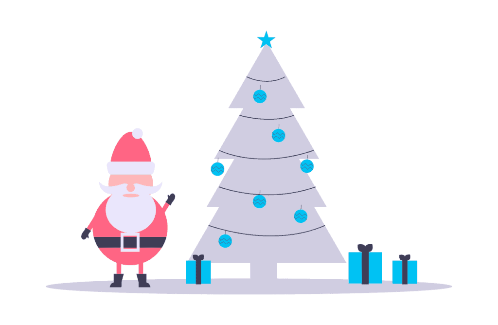 santa next to christmas tree